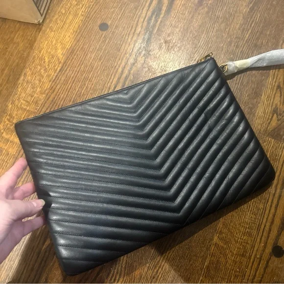 Yves Saint Laurent Black Sizable Clutch with detachable wristlet with gold YSL. - Picture 10 of 16